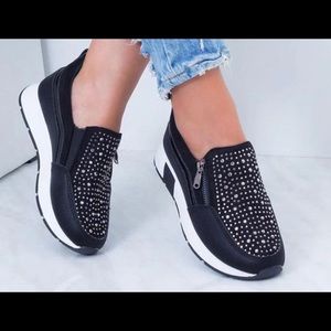 Sneakers, slip on, black studs, size 6.5-7